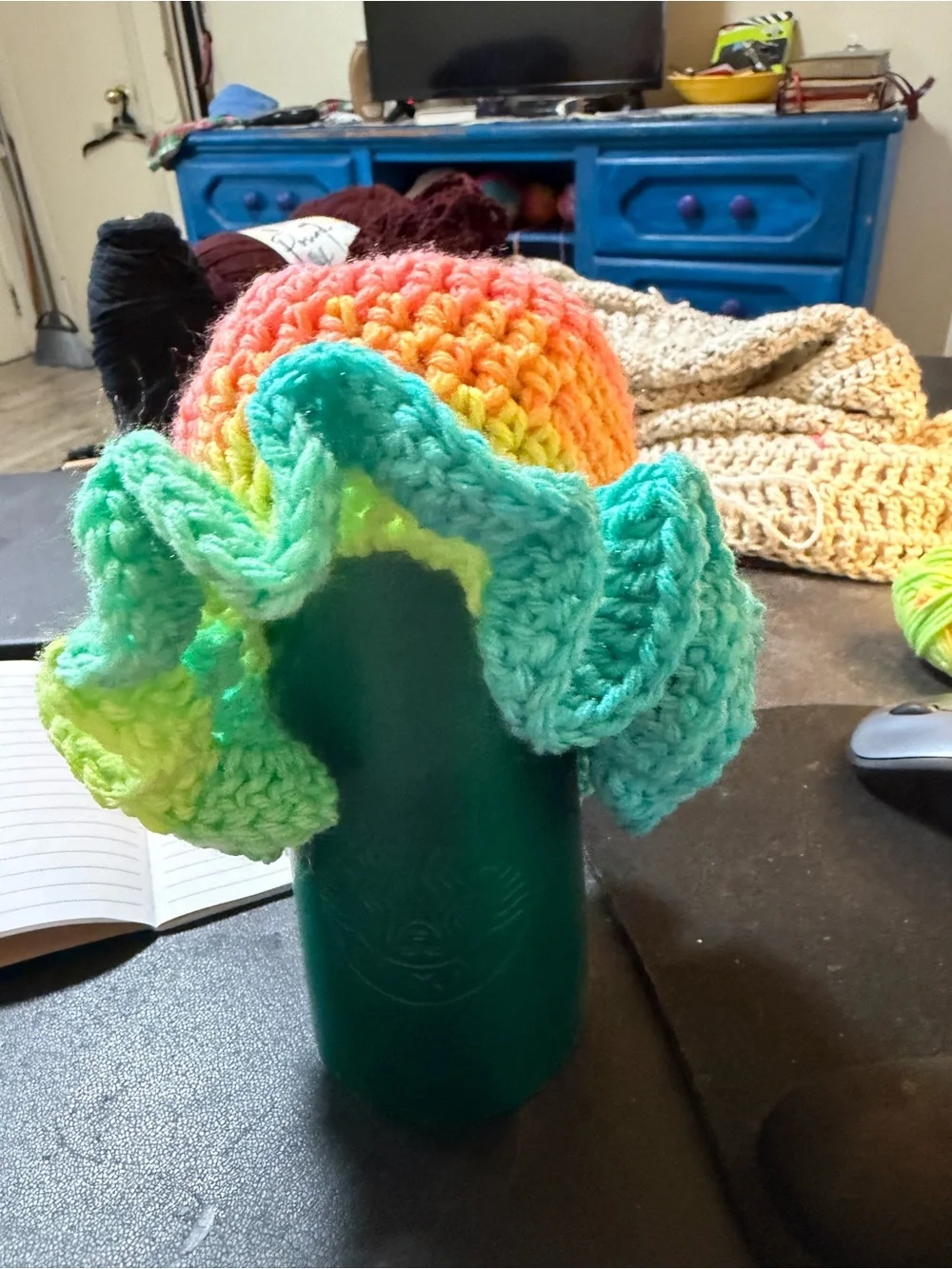 Handmade Crochet Kids Ruffle Sun Hat - Neon Rainbow Green Accent